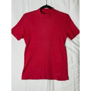 Lizsport Hot Pink Ribbed Mock Neck Short Sleeve Cotton‎ Top Womens Large